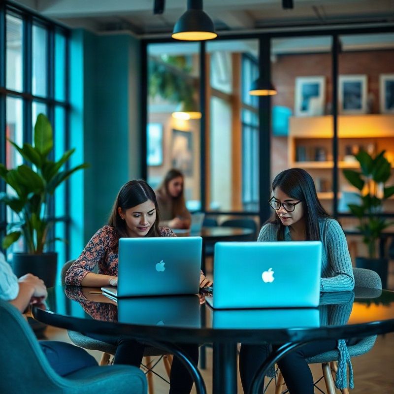 Equipo profesional colaborando sobre laptops en un espacio de trabajo moderno en Argentina