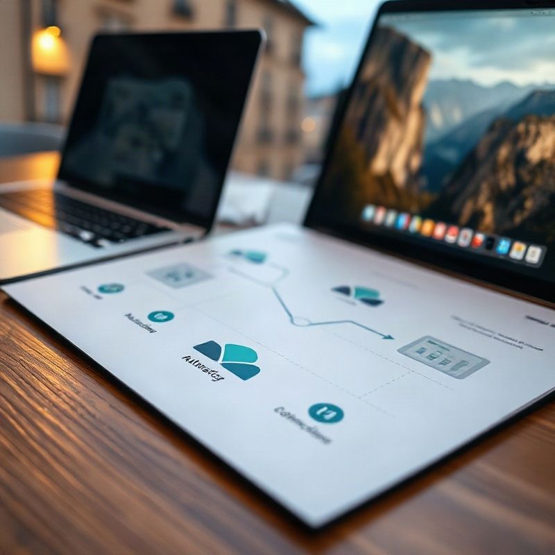 Diagrama de flujo de trabajo digital junto a una laptop con conectores de automatización