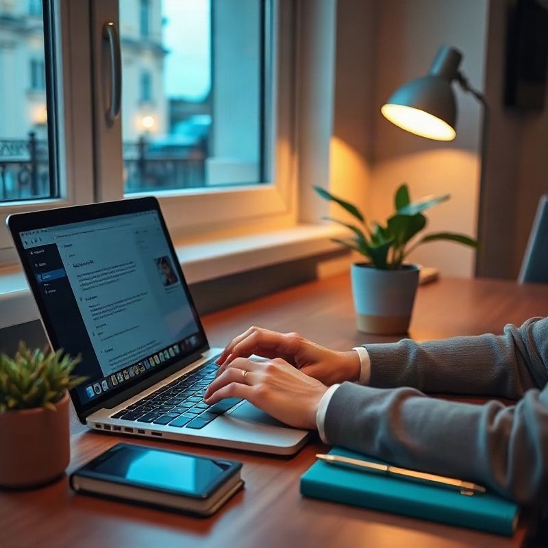 Persona escribiendo un mensaje en una laptop sobre un escritorio ordenado con una planta y un cuaderno turquesa